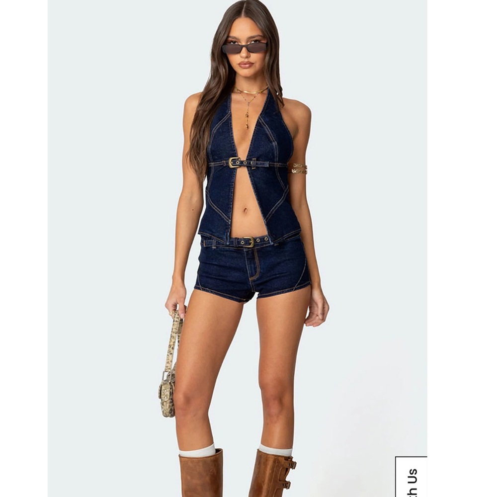 Edikted Dark Blue Denim Halter Romper